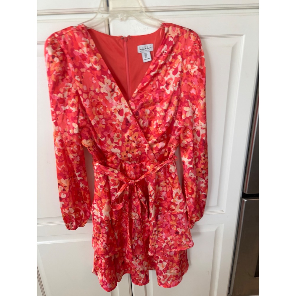 Nicole Miller New York Pink Orange Floral Faux Wrap Tiered Ruffle Mini Dress M